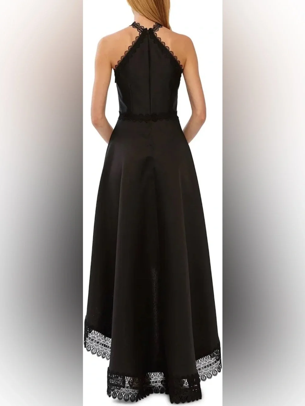 Monique Lhuillier ML Evening Hi-Low Black Mikado Gown halter lace - Picture 3 of 10